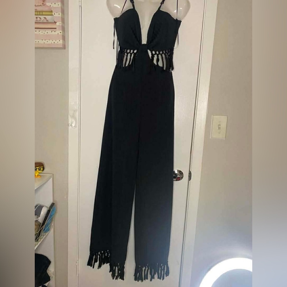 Elegant Black Fringe Jumpsuit - Picture 3 of 12